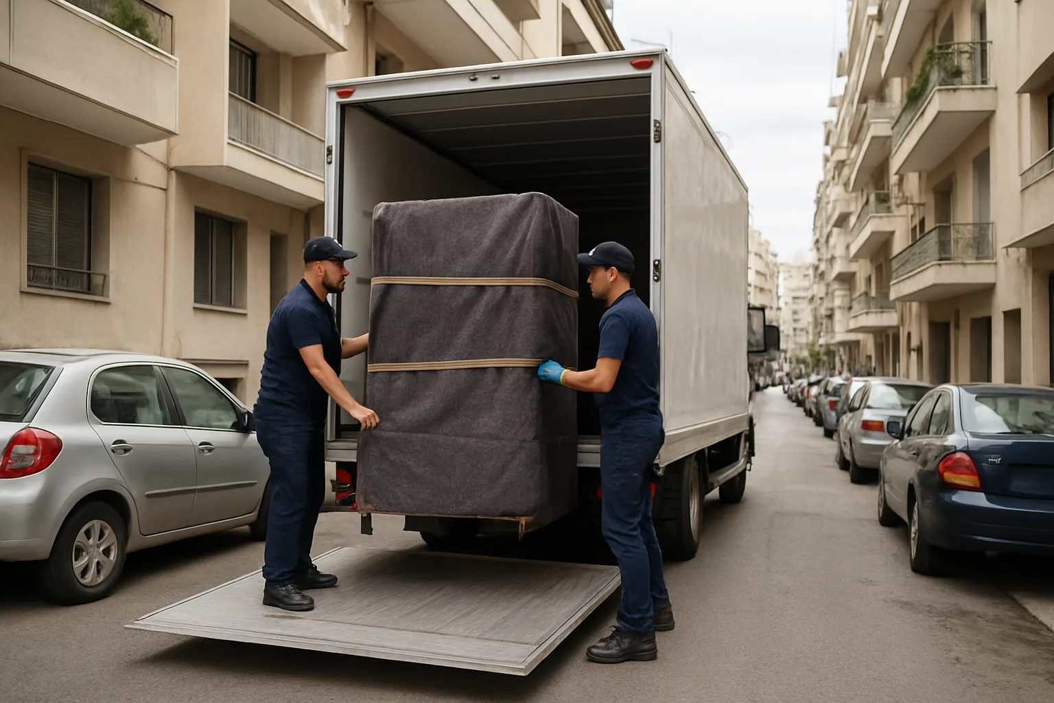 Επαγγελματικό στιγμιότυπο μεταφοράς στην Αθήνα: φορτηγό με ράμπα στο στενό δρόμο πολυκατοικίας, συνεργείο με ιμάντες και προστατευτικά κουβέρτες να συσκευάζει έπιπλα, αστικός φόντος με κτήρια και παρκαρισμένα αυτοκίνητα, καθαρή…