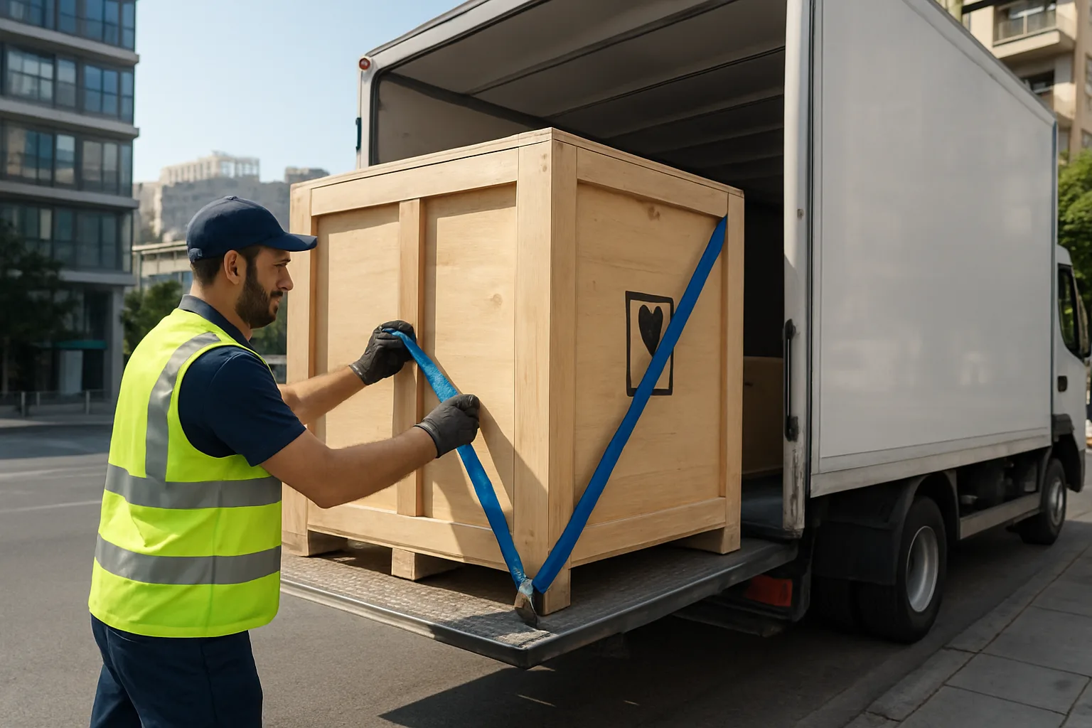 Επαγγελματική σκηνή φόρτωσης φορτηγού σε αστικό περιβάλλον Αθήνας: συνεργείο φορτοεκφόρτωσης στερεώνει ξύλινα κιβώτια με ιμάντες, εμφανής σήμανση fragile, φορτηγό με ράμπα και πόλη στο βάθος, φωτογραφία editorial, καθαρός φωτισμός…