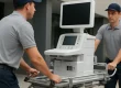 Μεταφορά ιατρικών μηχανημάτων: τεχνικοί φορτώνουν αξονικό τομογράφο με προστατευτική συσκευασία