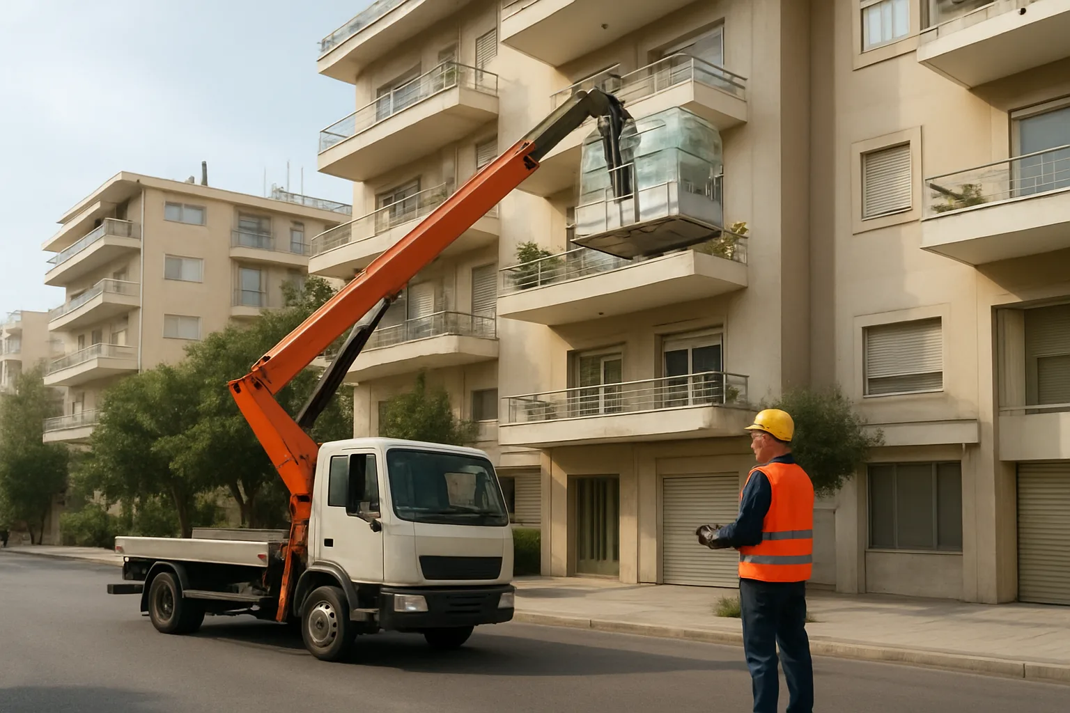 Επαγγελματική σκηνή: φορτηγό με τηλεσκοπικό ανυψωτικό έξω από πολυκατοικία στην Αθήνα, χειριστής σε προστατευτικό εξοπλισμό, προστατευμένα αντικείμενα σε πλατφόρμα, καθαρός αστικός δρόμος, πρωί, ρεαλιστικό editorial στυλ