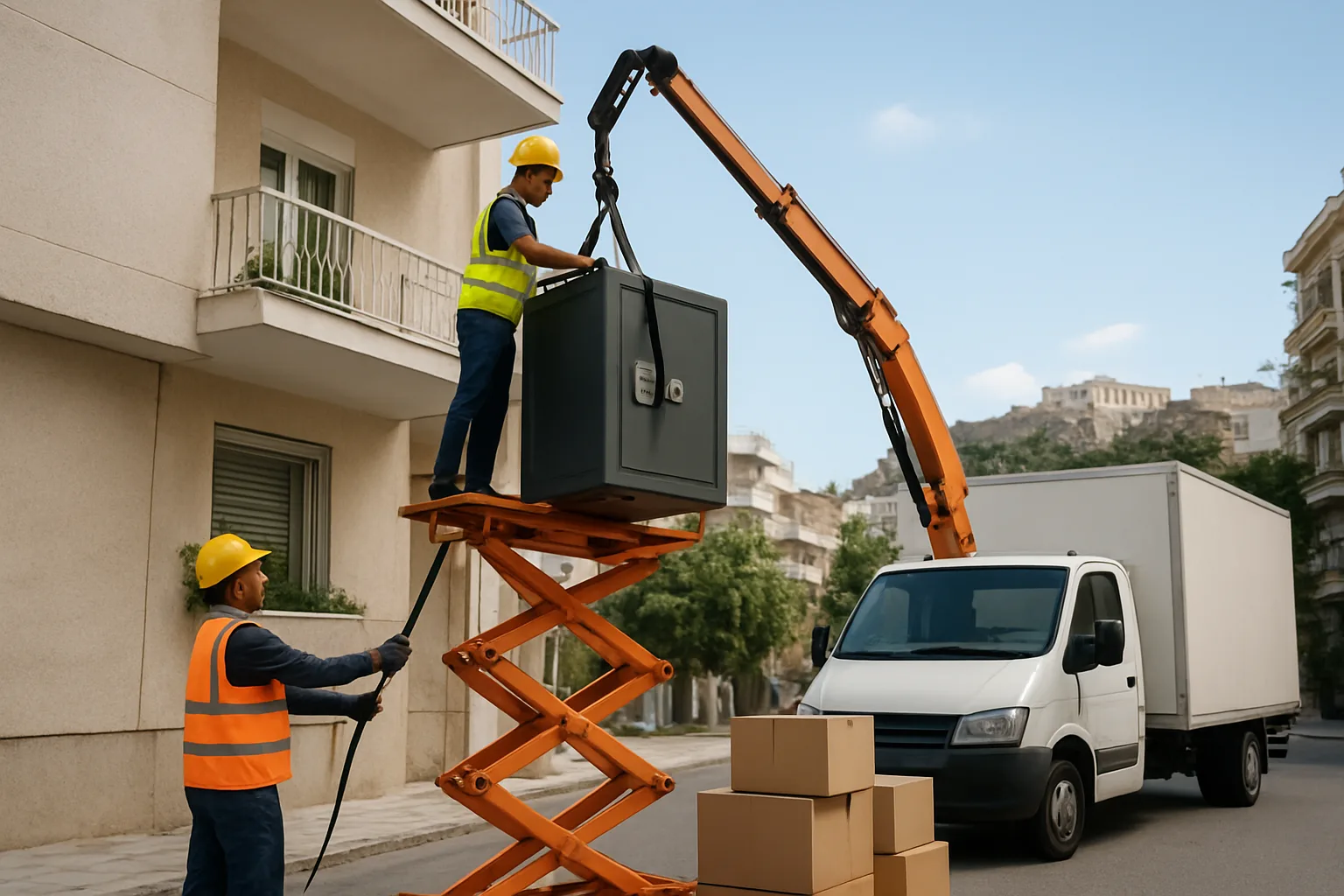 Επαγγελματική σκηνή: συνεργείο φορτοεκφόρτωσης χρησιμοποιεί ψαλιδωτό ανυψωτικό για να κατεβάσει ένα μεγάλο χρηματοκιβώτιο από μπαλκόνι πολυκατοικίας στην Αθήνα, εργαζόμενοι με προστατευτικά κράνη και ιμάντες, στο βάθος μεταφορικό φορτηγό…