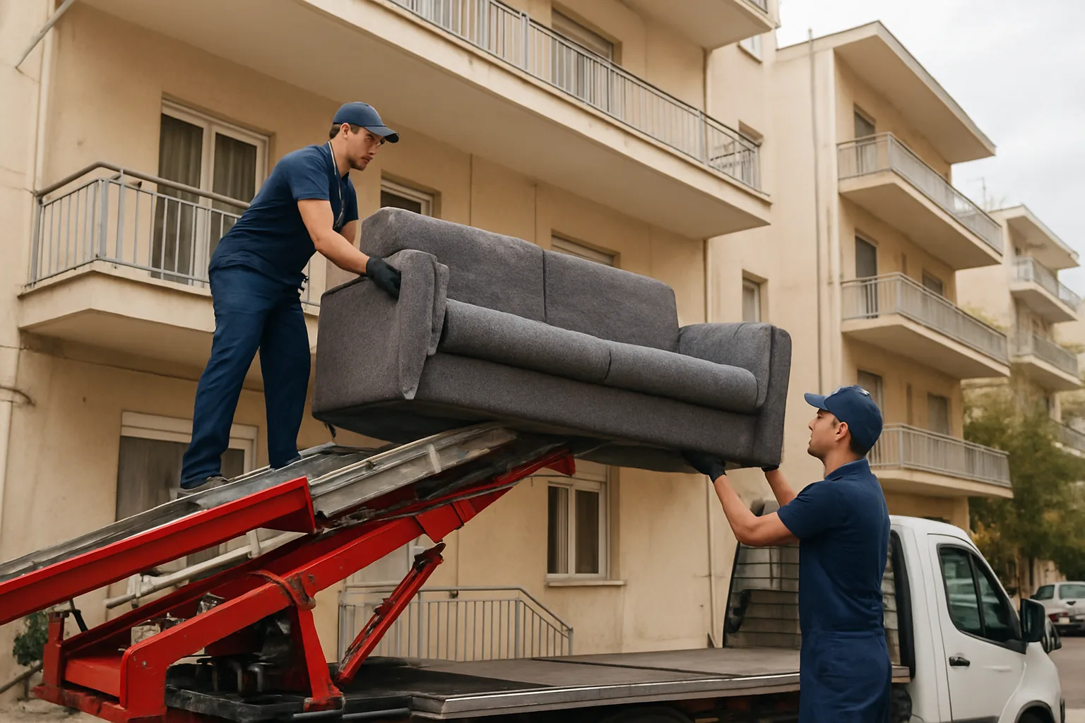 Επαγγελματικό ανυψωτικό μετακομίσεων έξω από πολυκατοικία στην Αθήνα, εργαζόμενοι με προστατευτικές κουβέρτες μεταφέρουν μεγάλο καναπέ από μπαλκόνι, ρεαλιστική editorial φωτογραφική αισθητική, χωρίς κείμενο, λογότυπα ή υδατογραφήματα.