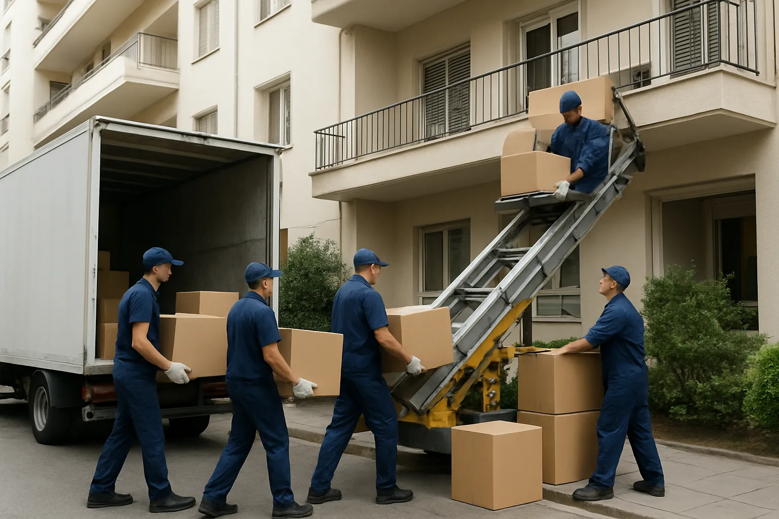 Επαγγελματική μετακόμιση διαμερίσματος σε αθηναϊκή πολυκατοικία, εκπαιδευμένο συνεργείο με προστατευτικά υλικά, κουτιά και ανυψωτικό σε ασφαλή χρήση, ρεαλιστική editorial αισθητική, χωρίς κείμενο, λογότυπα ή υδατογραφήματα